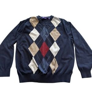 Alan Flusser Men's V-Neck Argyle Sweater Navy Tan Burgundy Cotton XL